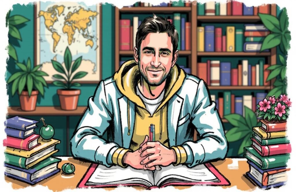 شاب مغربي وسيم يجلس في مكتب أنيق، وينظر إلى الكاميرا باستعداد وترحيب للإجابة على الأسئلة الشائعة حول موضوع طول القضيب الطبيعي.