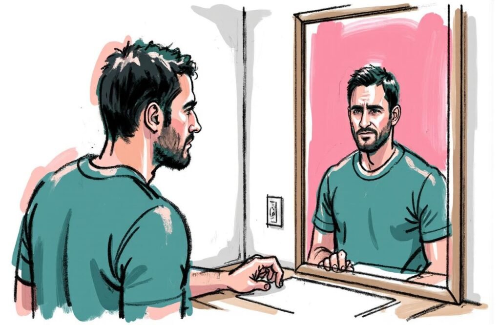 رجل قلق ينظر إلى انعكاسه المشوه في المرآة، مما يرمز إلى الآثار النفسية مثل القلق وتدني تقدير الذات الناتج عن الهوس بموضوع تكبير القضيب بالتمديد.