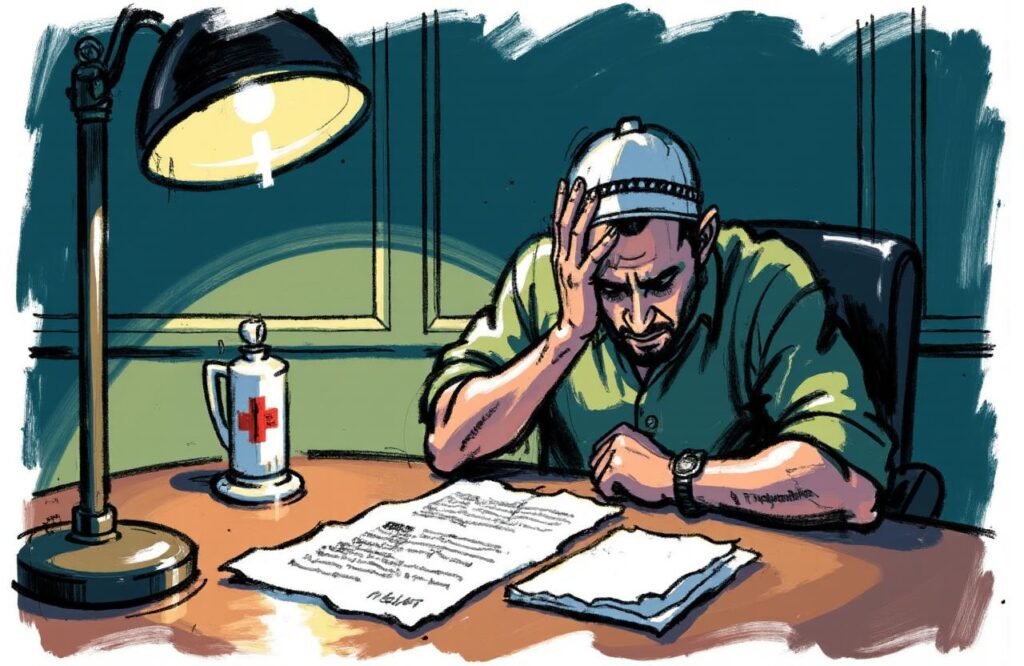 رجل يشعر بالضغط وهو يراجع التكاليف الباهظة، مما يسلط الضوء على الجانب المالي والنفسي الذي يجب مراعاته قبل إجراء تكبير القضيب بالسيليكون.