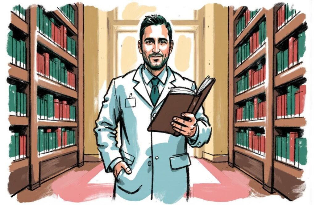 رجل يقرأ بجدية في مجلة طبية، ليتعرف على الموقف الرسمي الحاسم للجمعيات الطبية من مخاطر وفعالية تكبير القضيب بالسيليكون.