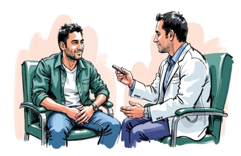 رجل مغربي وسيم في استشارة طبية جادة مع طبيب متخصص، يناقشان بروتوكول السلامة المطلقة لممارسات تكبير القضيب بالتمديد قبل اتخاذ أي قرار.