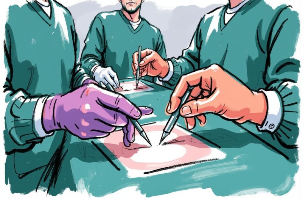 أيدي جراحين ماهرين تنفذ بدقة عالية عملية تكبير القضيب بشفط الدهون، مع التركيز على السلامة.