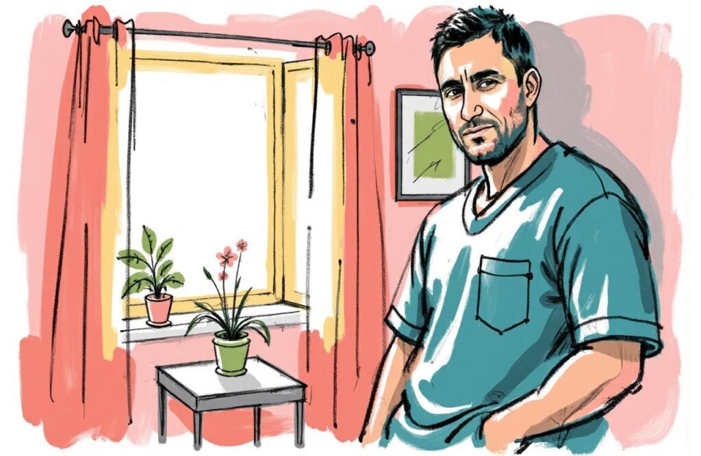 رجل يتأمل بنظرة حائرة بعد الجراحة، مما يوضح المخاطر النفسية واحتمال عدم الرضا عن نتائج تكبير القضيب بالسيليكون حتى مع الإجراءات الطبية.