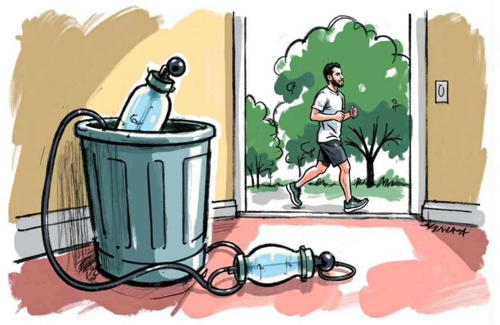 صورة رمزية تظهر جهاز مضخات تكبير القضيب في سلة مهملات، بينما يمارس صاحبه الرياضة في الخارج، مما يدل على اختيار البدائل الصحية والآمنة.