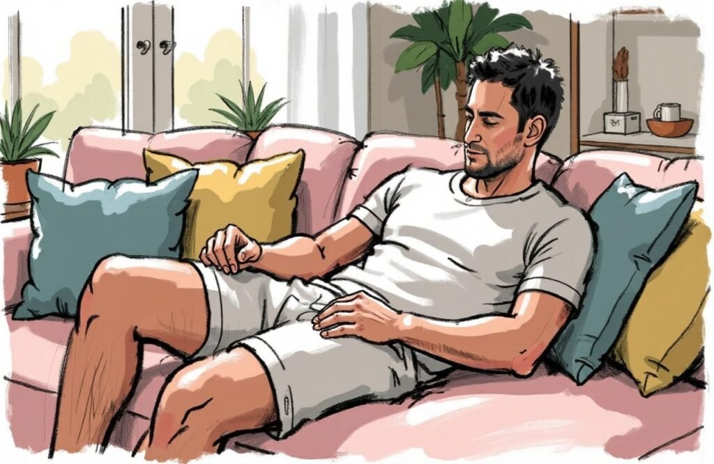 رجل يلتزم بتعليمات الراحة في المنزل، وهي مرحلة أساسية لنجاح الشفاء بعد جراحة تكبير القضيب بزراعة الأدمة.