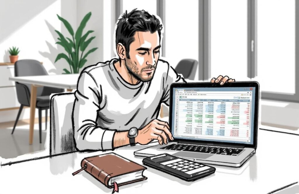 رجل يخطط بعناية للتكاليف المرتفعة المرتبطة بإجراء تكبير القضيب بزراعة الأدمة، مما يعكس أهمية الجانب المالي في القرار.