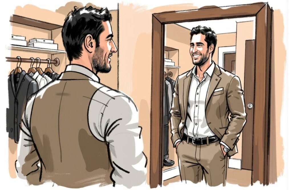 رجل مغربي ينظر إلى نفسه في المرآة بثقة ورضا، مما يمثل التأثير الإيجابي على صورة الجسد كأحد النتائج الواقعية المأمولة من جراحة تكبير القضيب بزراعة الأدمة.
