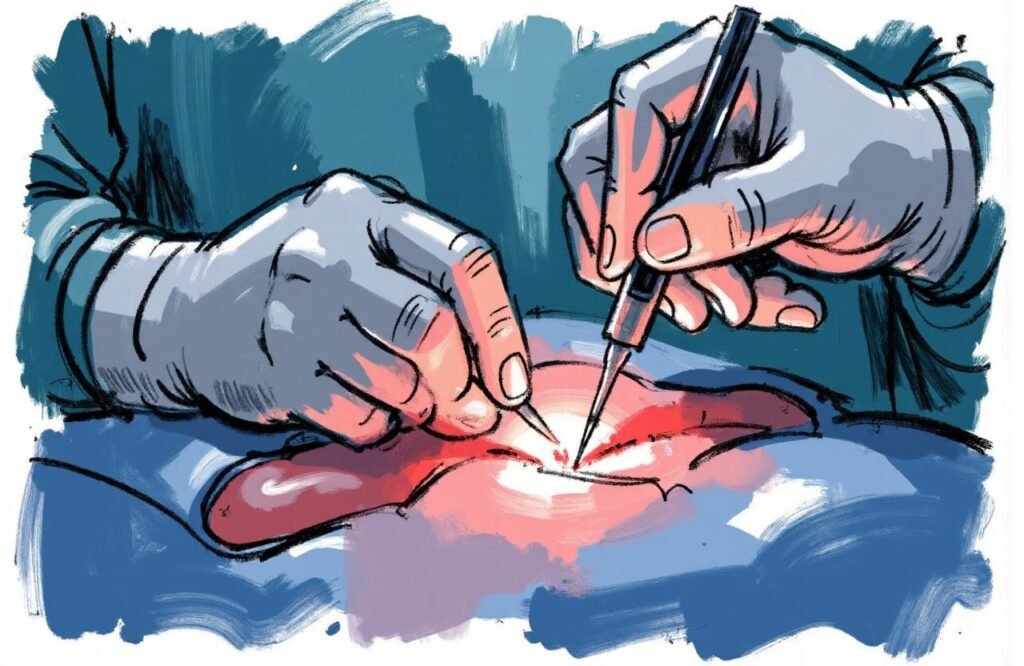 توضيح دقيق للحظة قطع الرباط المعلق، وهي خطوة محورية في عملية تكبير القضيب بجراحة البروز.
