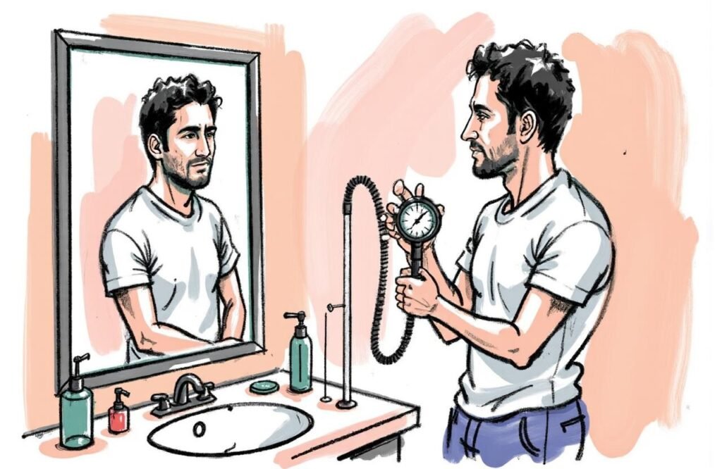 رجل يعبر عن خيبة أمله بعد قياس قضيبه، موضحًا عدم فعالية مضخات تكبير القضيب في تحقيق زيادة دائمة في الحجم.