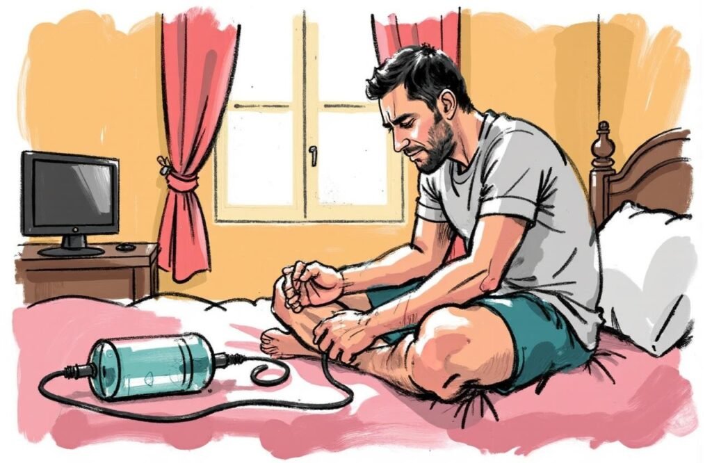رجل يتألم وهو ينظر إلى كدمات على جسده، مع وجود جهاز مضخات تكبير القضيب بجانبه، مما يرمز للمخاطر والأضرار الجسدية الناتجة عن سوء الاستخدام.