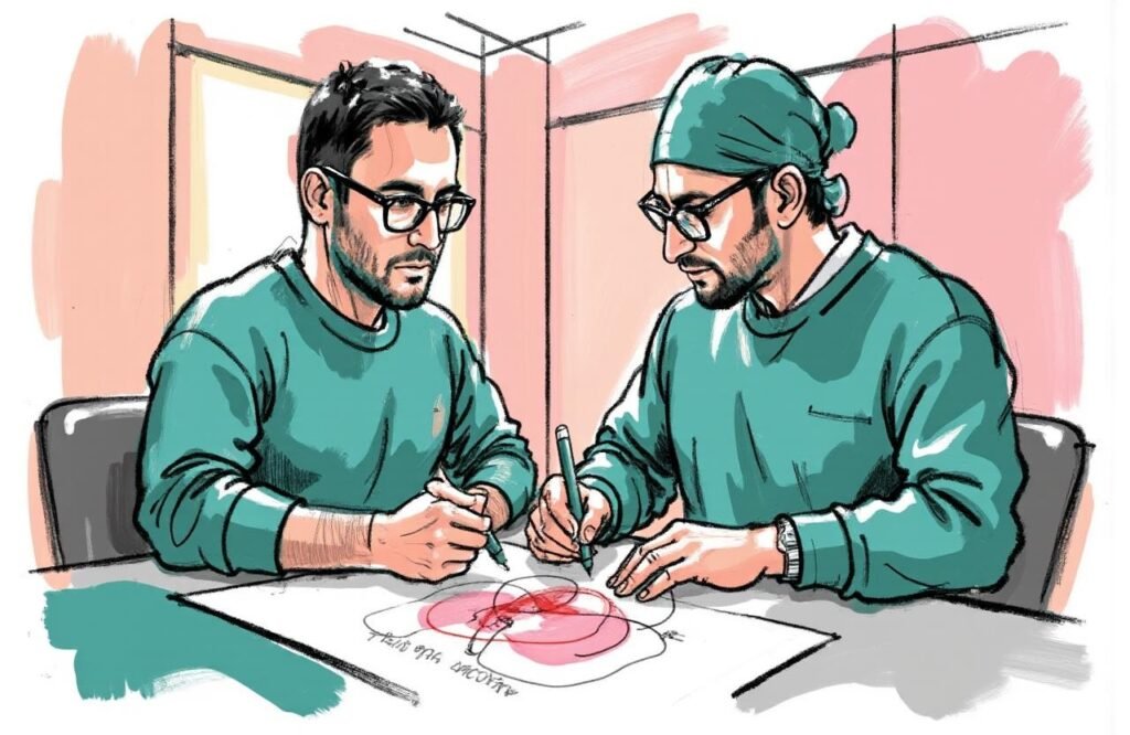 جراح متخصص يخطط بعناية مع المريض للإجراء، مما يوضح أهمية مرحلة التحضير الدقيق قبل عملية تكبير القضيب بزراعة الأدمة.