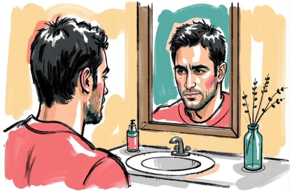 شاب مغربي يقيم حالته بقلق أمام المرآة، مما يصور الأعراض التي تدفع للبحث عن طرق زيادة هرمون التستوستيرون عند الرجال.