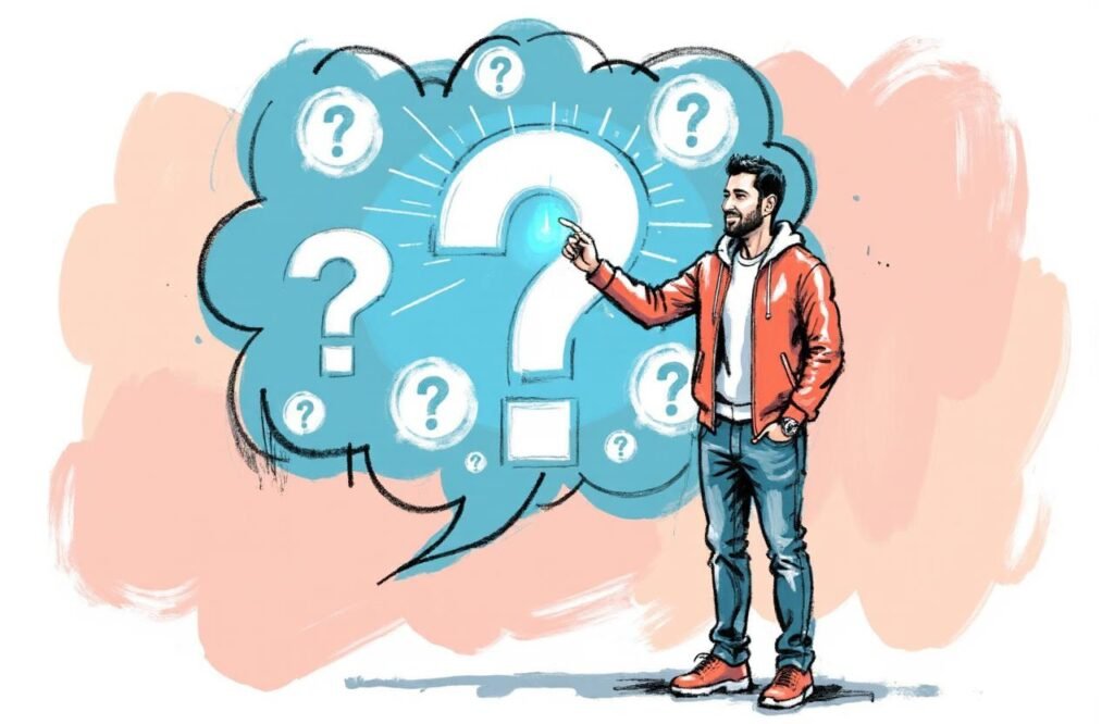 صورة فنية تظهر رجلاً مغربياً يتفاعل مع شاشة رقمية مليئة بعلامات الاستفهام، مما يرمز إلى تقديم إجابات واضحة وموثوقة على الأسئلة الشائعة المتعلقة بتمارين كيجل.