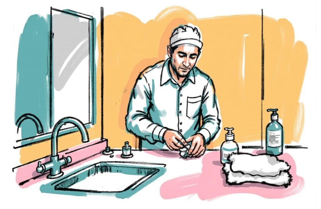 رجل مغربي يقوم بالتحضير لجلسة، حيث تظهر الأدوات اللازمة مثل المزلق المائي والمنشفة النظيفة والجهاز، مما يوضح أن تعلم كيفية استخدام مضخات تكبير القضيب بشكل آمن يبدأ بالتحضير الدقيق.