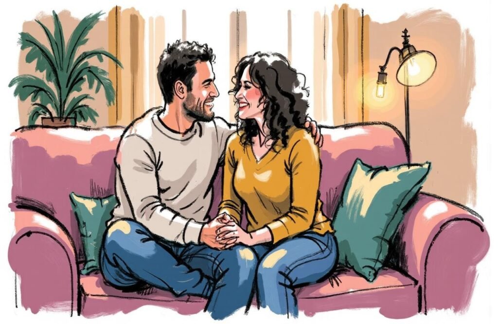 زوجان يجلسان في جو من الدعم والتفاهم، مما يوضح أهمية الحوار الصريح والثقة المتبادلة عند اتخاذ قرار استخدام أجهزة مثل مضخات تكبير القضيب.