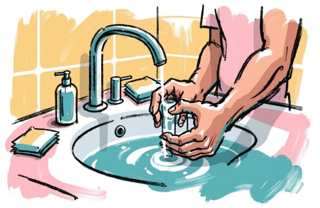 صورة مقربة تظهر يدي رجل ينظف بعناية أسطوانة مضخات تكبير القضيب بالماء والصابون، مما يوضح أهمية النظافة والرعاية بعد الاستخدام للحفاظ على السلامة.