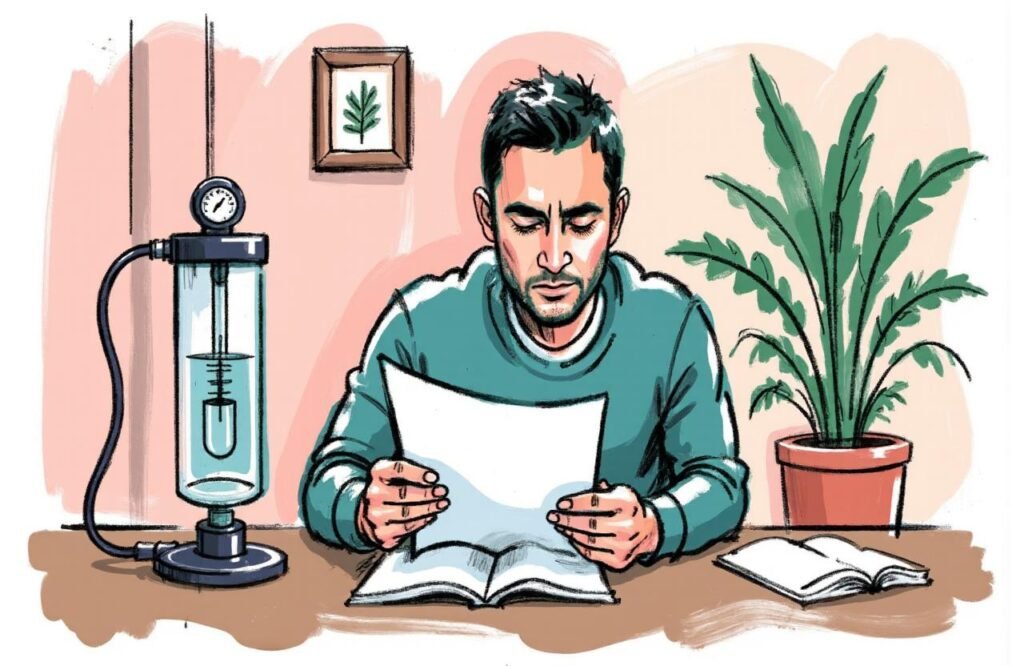 شاب مغربي يدرس بتركيز دليل استخدام جهاز مضخات تكبير القضيب، مما يبرز أهمية فهم الأساسيات وكيفية عمل الجهاز لضمان السلامة.