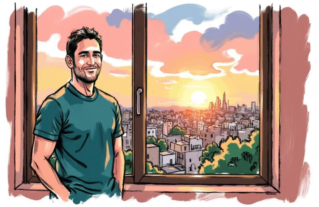شاب مغربي وسيم يقف بثقة وراحة بجوار نافذة، يبتسم بهدوء، مما يجسد فكرة قبول الذات كبديل صحي عن القلق ومخاطر تمارين الوزن لتكبير القضيب.