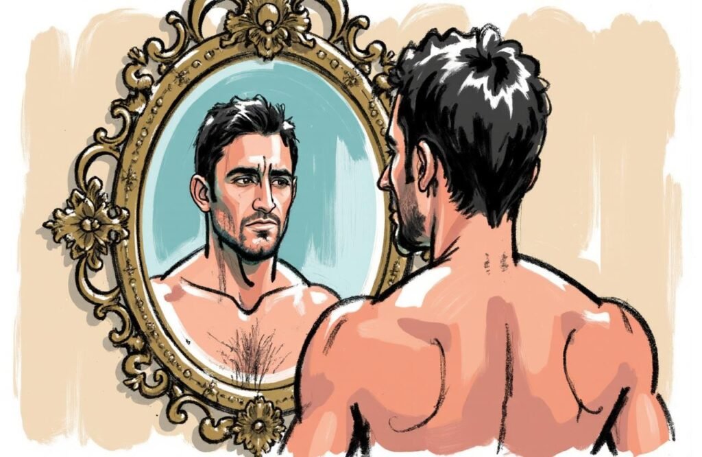 رجل مغربي ينظر بقلق إلى انعكاسه المشوه في المرآة، في إشارة إلى أن مخاطر مضخات تكبير القضيب يمكن أن تتطور إلى مضاعفات متوسطة الخطورة عند الاستخدام الخاطئ.