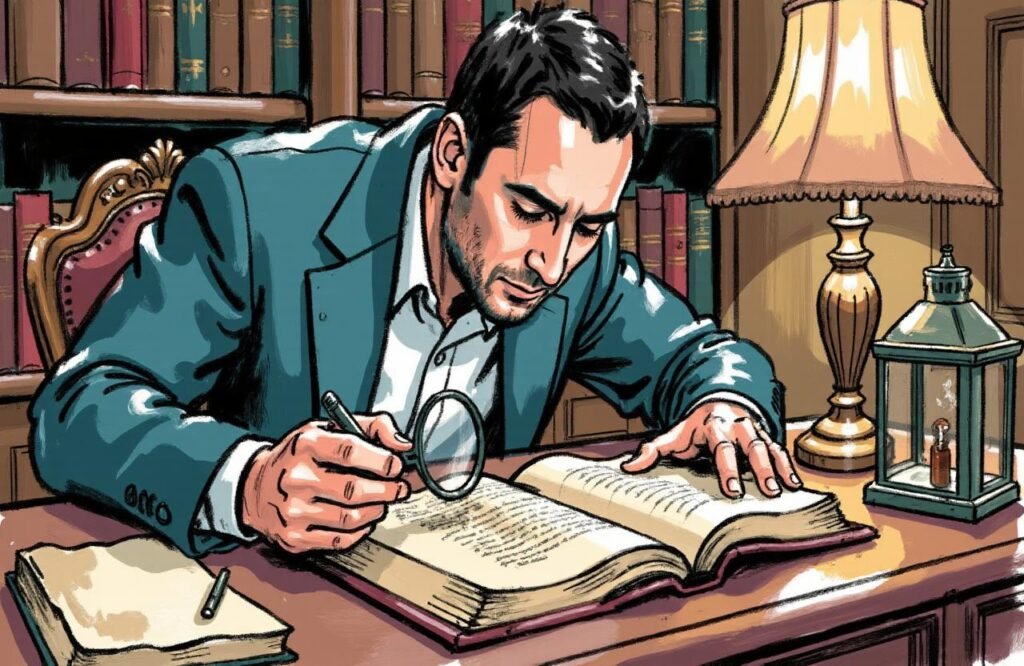 رجل مغربي يبحث في مخطوطات قديمة داخل مكتبة، مستكشفًا الأصول التاريخية والنظريات وراء ممارسة تمارين الجلق لتكبير القضيب.