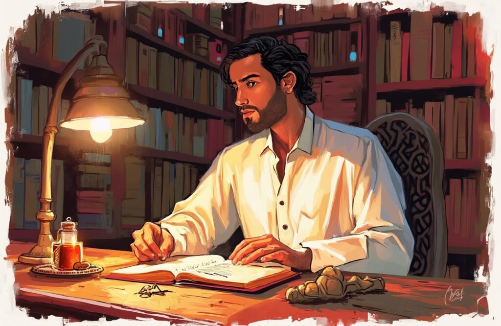 شاب مغربي أنيق يتأمل مخطوطة قديمة في مكتبة تراثية، بجانبه زنجبيل وعسل، مستكشفًا موضوع الزنجبيل والعسل لتكبير القضيب في الطب القديم.