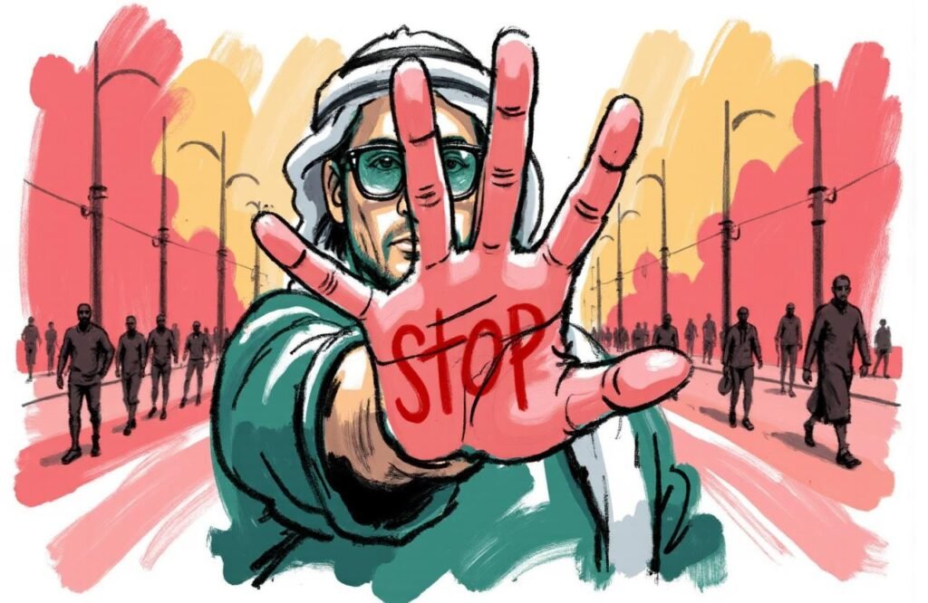 صورة رمزية قوية تظهر يد رجل في إشارة توقف واضحة، كتحذير مباشر ضد المخاطر الجسيمة لممارسة تمارين الحلب لتكبير القضيب.