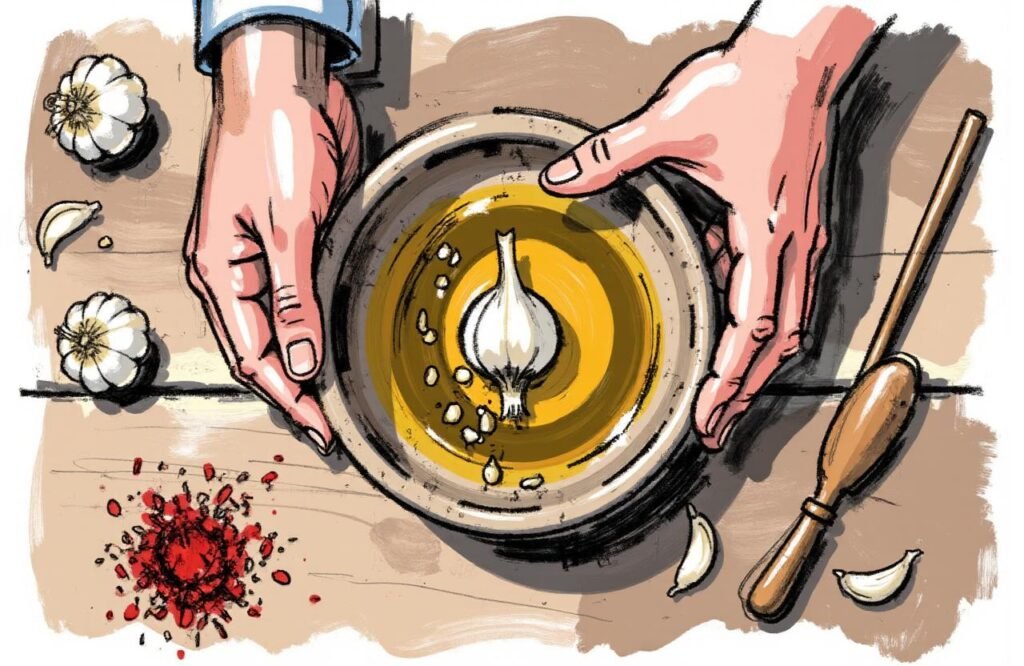 صورة توضح مكونات وصفة زيت السمسم والثوم لتكبير القضيب، حيث يظهر زيت السمسم والثوم المهروس والزعفران على طاولة خشبية استعدادًا للتحضير.