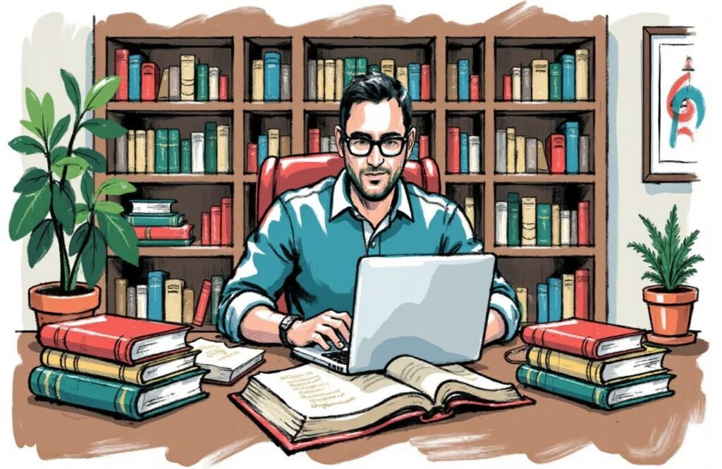رجل مغربي باحث يقوم بالبحث في مصادر علمية وتاريخية على مكتبه، للتعمق في حقيقة وصفة زيت السمسم والثوم لتكبير القضيب بين الطب القديم والحديث.