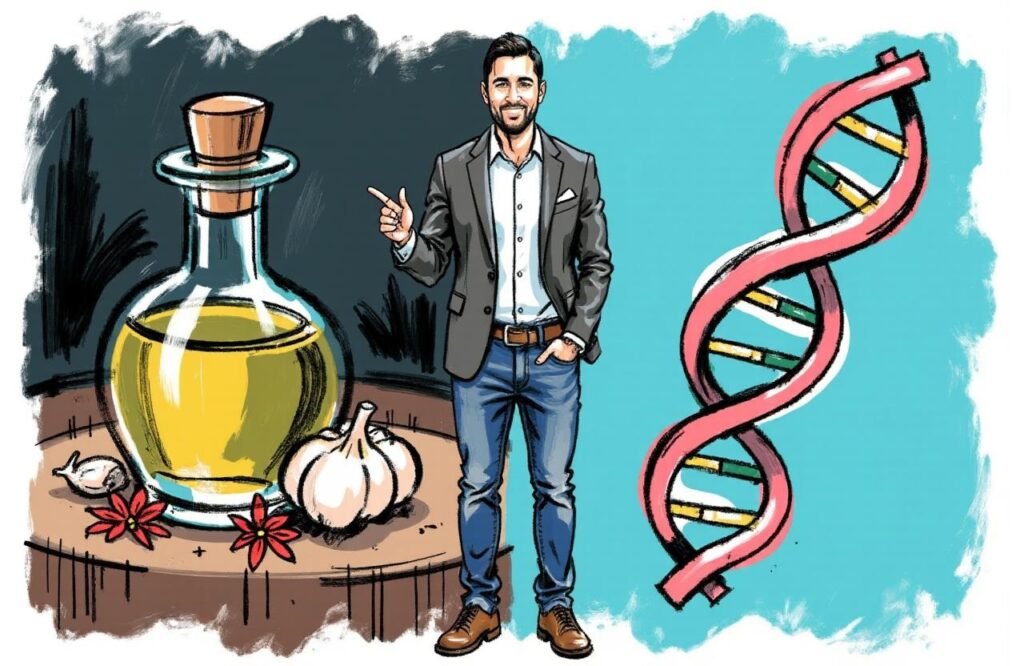 رسم توضيحي يوضح الفجوة بين الخرافة والعلم، حيث يقارن رجل مغربي بين زجاجة زيت تقليدية ورمز علمي، ليحسم الجدل حول فعالية وصفة زيت السمسم والثوم لتكبير القضيب.