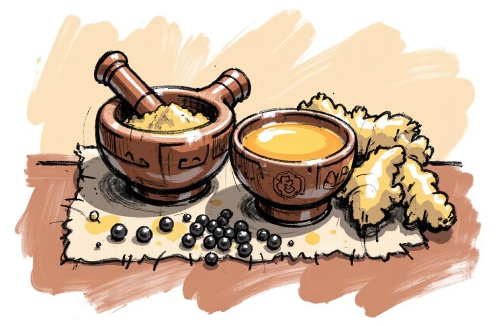 صورة مقربة لمكونات طبيعية تشمل الزنجبيل المطحون، والعسل الصافي، والفلفل الأسود، وهي المكونات الأساسية في وصفة الزنجبيل والعسل لتكبير القضيب التراثية.