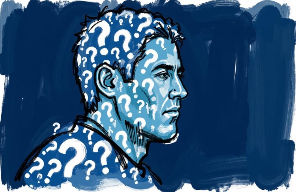 صورة فنية conceptual تظهر رأس رجل كصورة ظلية مكونة بالكامل من علامات استفهام، ترمز إلى الأسئلة الكثيرة والبحث عن إجابات موثوقة حول تمارين الضغط لتكبير القضيب.