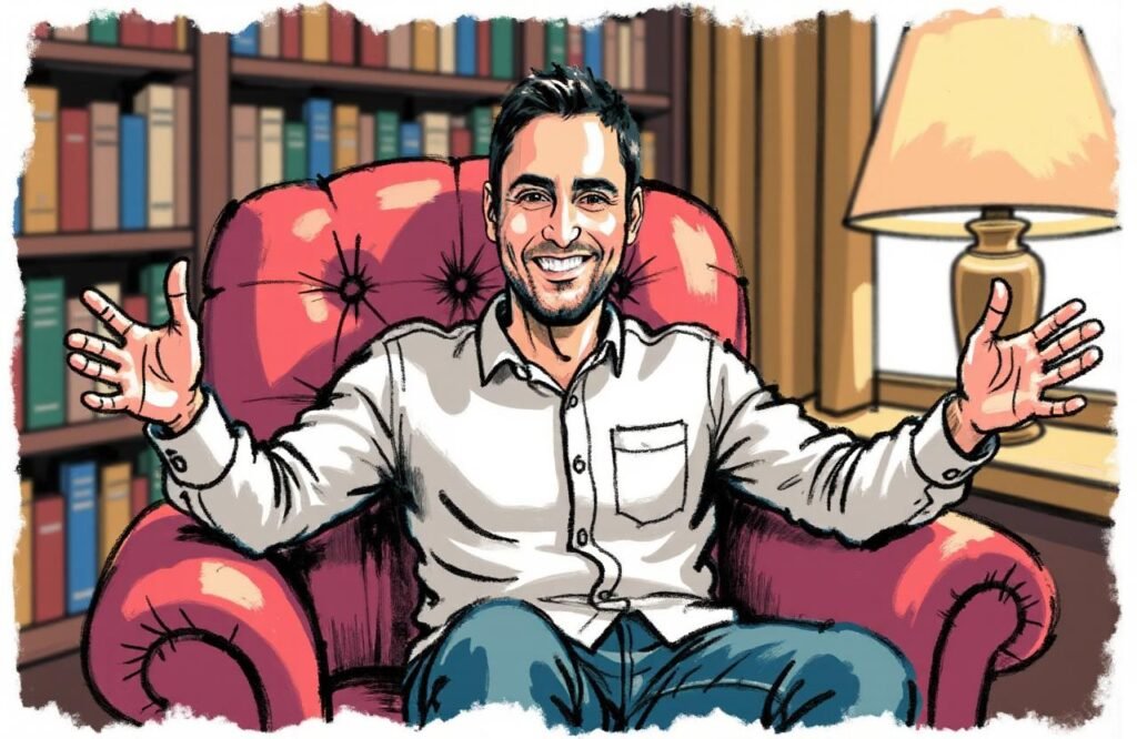 مرشد مغربي ودود يجلس في مكتبة، ويدعو القارئ إلى حوار صريح وموثوق لتفنيد 10 خرافات عن حجم القضيب وبناء فهم صحيح.