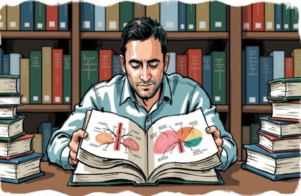 شاب يدرس مخططًا علميًا للنمو الهرموني، مما يوضح أن البيولوجيا وليس النشاط تحدد الحجم، ويفند خرافة ضمن 10 خرافات عن حجم القضيب.