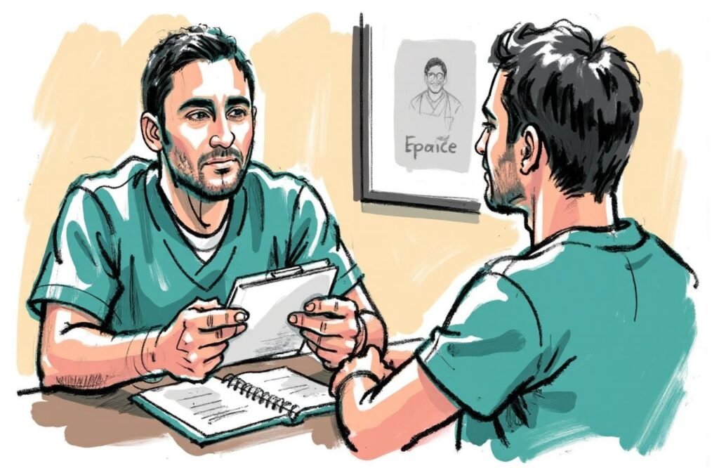 مريض يطرح قائمة أسئلة حاسمة على جراحه حول جراحة تطويل القضيب بقطع الرباط المعلق لضمان اتخاذ قرار مستنير.