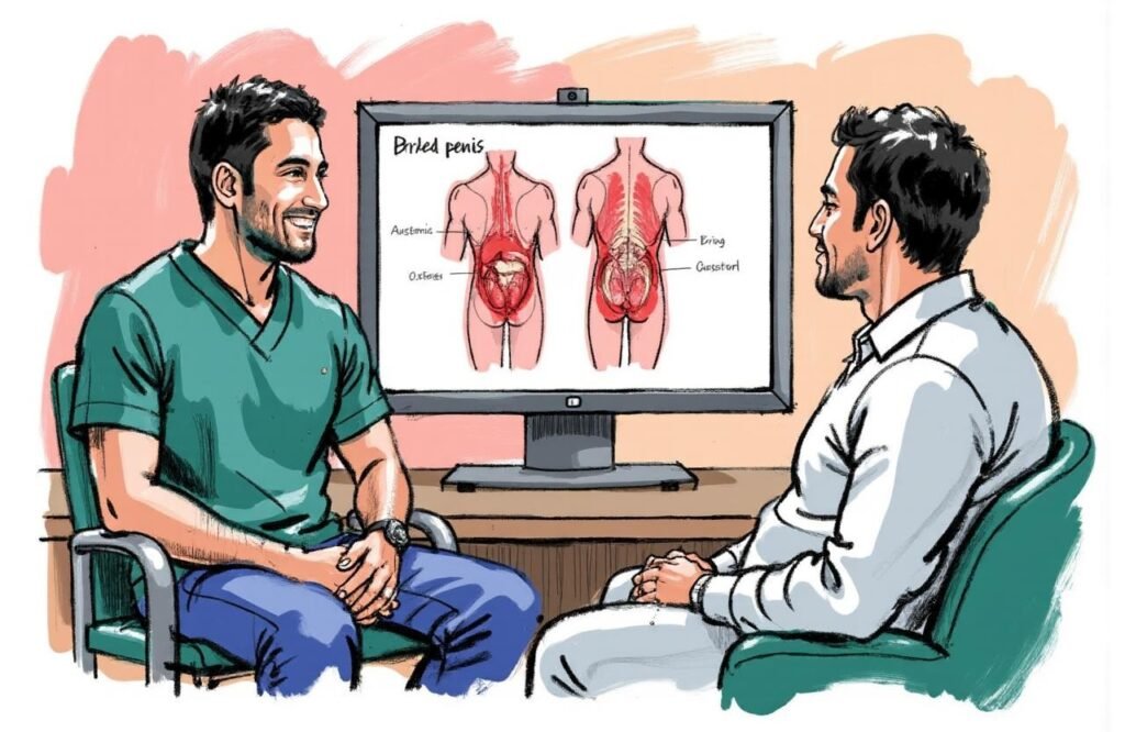 طبيب يشرح لمريض باستخدام رسم توضيحي حالة القضيب المدفون، وهي إحدى الحالات الطبية التي قد تكون مرشحة لـ جراحة تطويل القضيب بقطع الرباط المعلق.