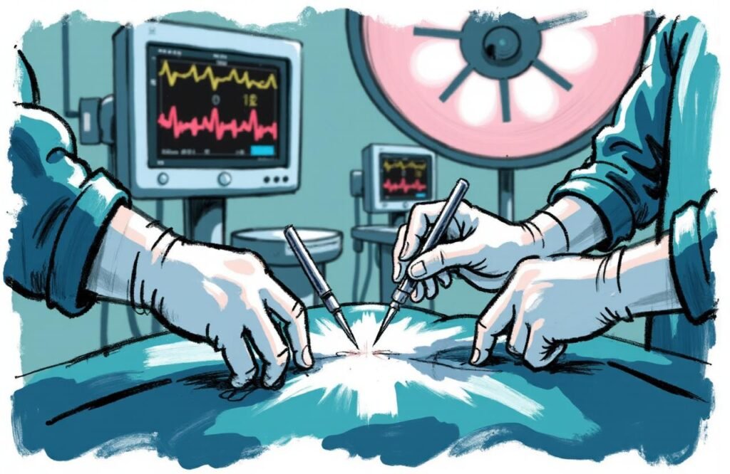 صورة مقربة تظهر دقة يدي الجراح أثناء تنفيذ جراحة تطويل القضيب بقطع الرباط المعلق، مما يعكس حساسية وأهمية خبرة الجراح في هذا الإجراء.