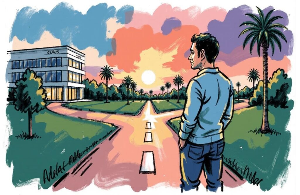رجل يقف عند مفترق طرق، مما يرمز إلى قرار المقارنة بين خيار جراحة تطويل القضيب بقطع الرباط المعلق والطرق الأخرى المتاحة.