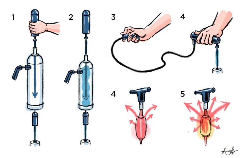 شرح مرئي لآلية عمل مضخات تكبير القضيب وعلاج ضعف الانتصاب، مع توضيح الجهاز الكامل: الأسطوانة الشفافة، الأنبوب الأسود، والمضخة اليدوية.