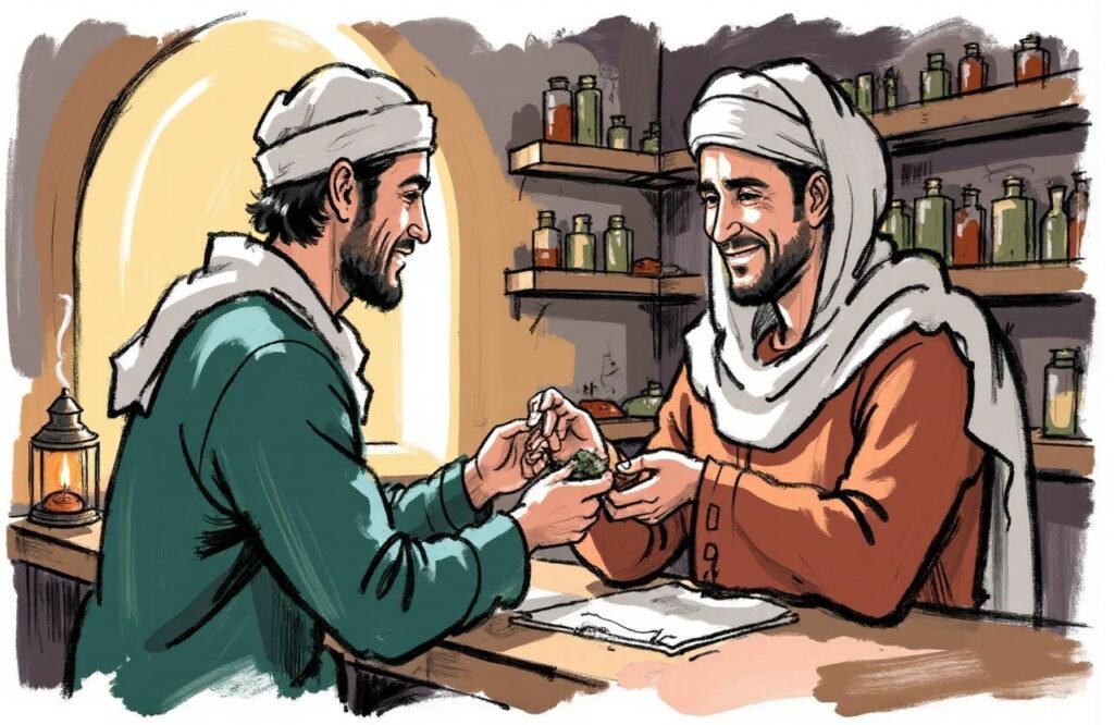 طبيب عربي من القرن الرابع عشر يصف معجونًا عشبيًا لمريض، يمثل طريقة الاستخدام التقليدية لـ وصفة ابن قيم الجوزية لتكبير القضيب في سياقها التاريخي.