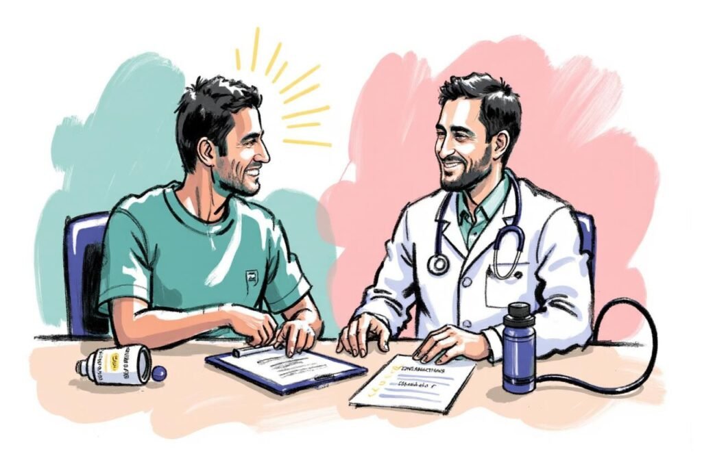 طبيب يناقش مع مريض قائمة موانع استخدام مضخات تكبير القضيب، مما يبرز أهمية الحصول على تقييم طبي متخصص قبل استعمال الجهاز.