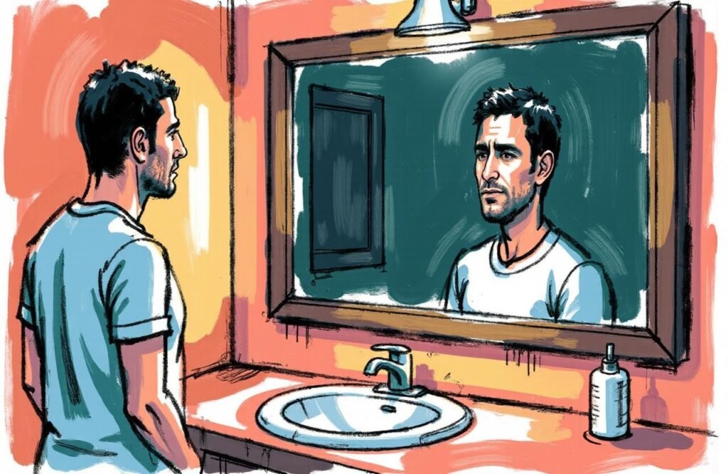 رجل مغربي ينظر بقلق إلى انعكاسه المشوه في المرآة، مما يرمز للاعتبارات النفسية وصورة الجسد المضطربة التي قد تدفع للتفكير في حقن حمض الهيالورونيك لتكبير الذكر.