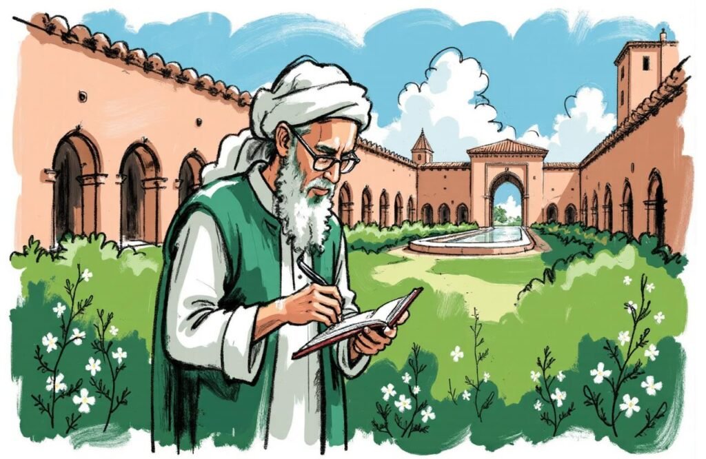 العالم الأندلسي أبو الخير الإشبيلي يتفحص النباتات في حقل أخضر، مما يعكس منهجه العملي في تطوير وصفة أبي الخير الإشبيلي لتكبير القضيب.