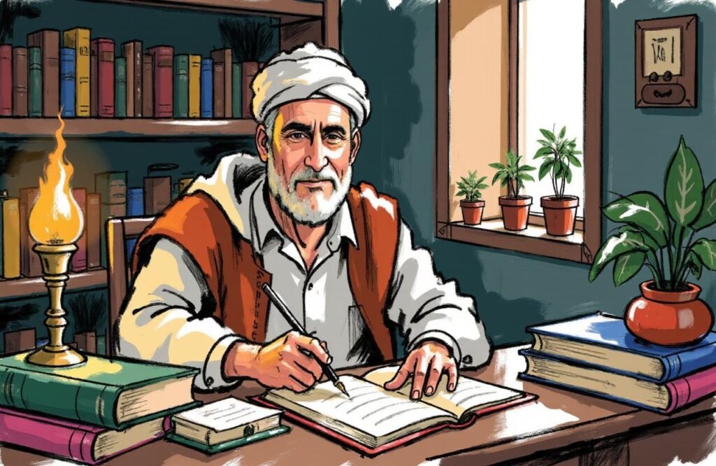 تصور للعالم داود الأنطاكي في مكتبته بالقرن السادس عشر، وهو يعمل على أبحاثه التي تشمل وصفة داود الأنطاكي لتكبير القضيب. يظهر العالم بملامح مغربية ووقار.