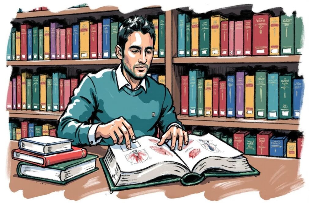 شاب مغربي باحث يدرس بتركيز في كتاب طبي، متفحصًا الحقيقة العلمية وراء تمارين الدوامة لتكبير القضيب، ويؤكد على أهمية الأدلة الموثوقة.