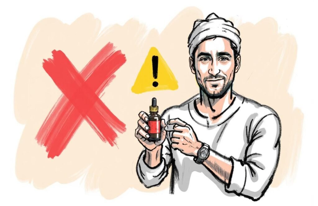 يد رجل مغربي تمسك بزجاجة سائل عشبي مع علامة تحذير واضحة، تشير إلى أهمية تقييم سلامة وصفة أبي الخير الإشبيلي لتكبير القضيب قبل التفكير في استخدامها.