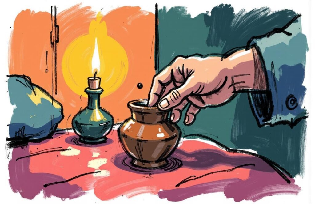 يد رجل مغربي أنيق تأخذ زيتًا من وعاء فخاري في غرفة ذات إضاءة خافتة، تمثل طريقة استخدام وصفة أبي الخير الإشبيلي لتكبير القضيب كما وصفت قديمًا.