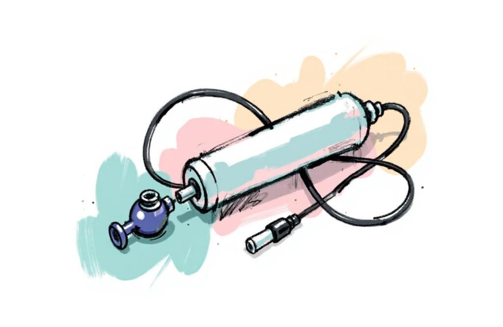 عرض تفصيلي لجهاز مضخة القضيب، مع التركيز على الأسطوانة الشفافة، الغطاء الأزرق، الأنبوب الأسود، والمضخة اليدوية البيضاء، كمكونات أساسية في مضخات تكبير القضيب وعلاج ضعف الانتصاب.