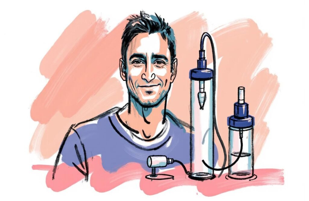 شاب مغربي يبدأ حوارًا حول مضخات تكبير القضيب وعلاج ضعف الانتصاب، مع إظهار للجهاز الفراغي الدقيق.