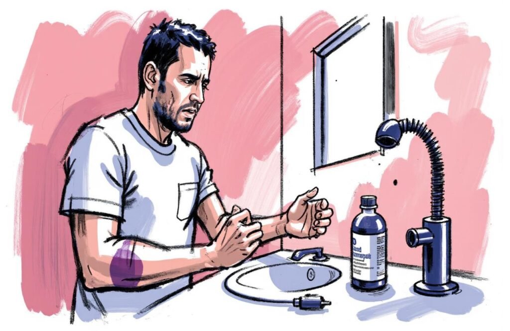 توضح الصورة أحد أخطر موانع استخدام مضخات تكبير القضيب، حيث يظهر رجل مصدومًا من كدمة شديدة بسبب تفاعل الجهاز مع أدوية سيولة الدم.