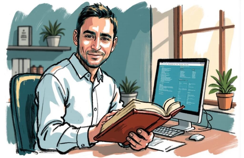 يد رجل مغربي وسيم تمسك بمخطوطة قديمة أمام خلفية لمختبر حديث، ترمز إلى استخلاص الدروس القيمة من وصفة أبي الخير الإشبيلي لتكبير القضيب وتطبيقها بحكمة في الحاضر.